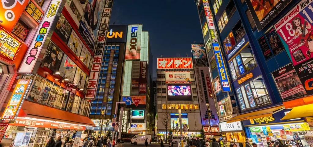 Night view of Akihabara in Tokyo with bright neon signs, anime billboards, and electronic shops lining the busy streets in Japan’s famous Electric Town.