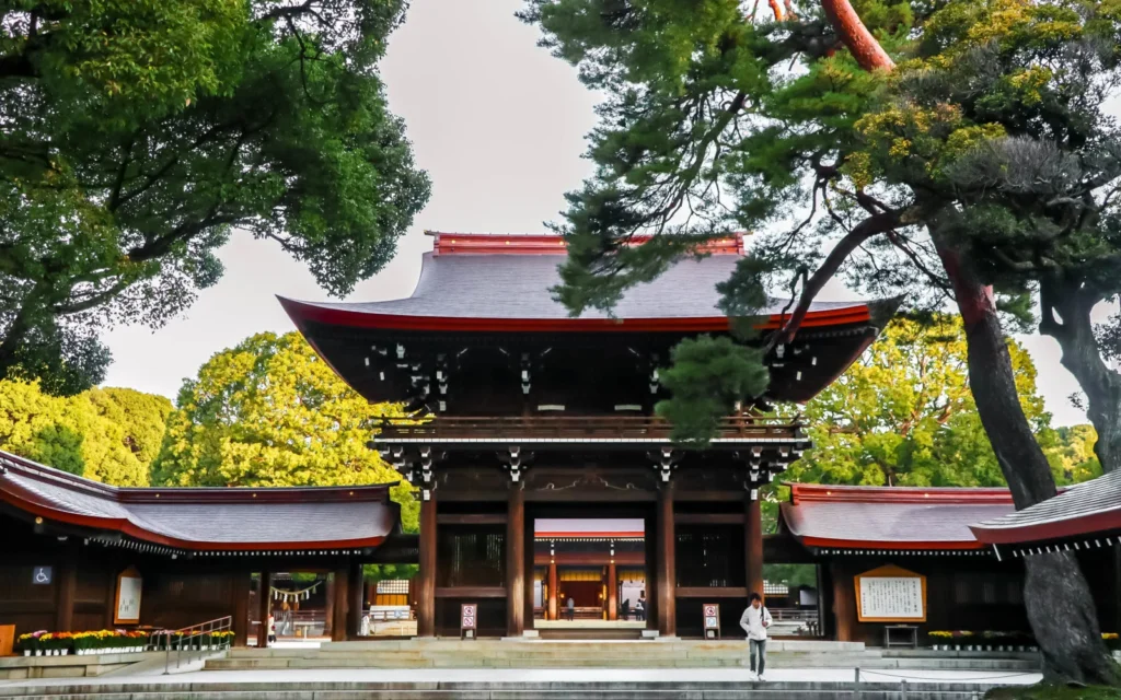Entrance gate of Meiji Shrine in Tokyo surrounded by lush green trees, showcasing traditional Japanese architecture in a peaceful forest setting.
