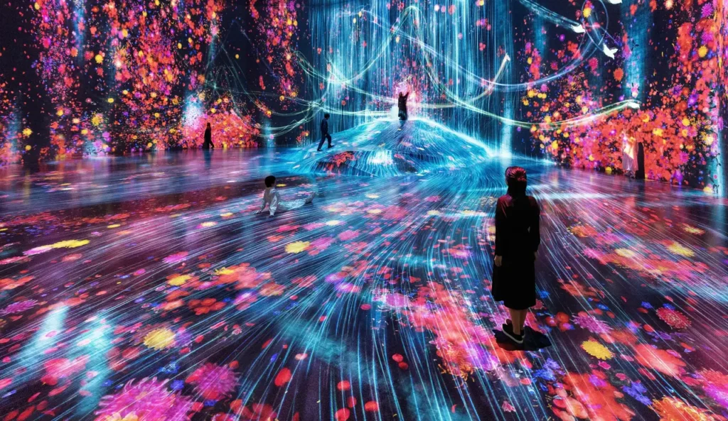 Visitors exploring a vibrant immersive digital art room at teamLab Planets Tokyo, with flowing light patterns and colorful floral projections.